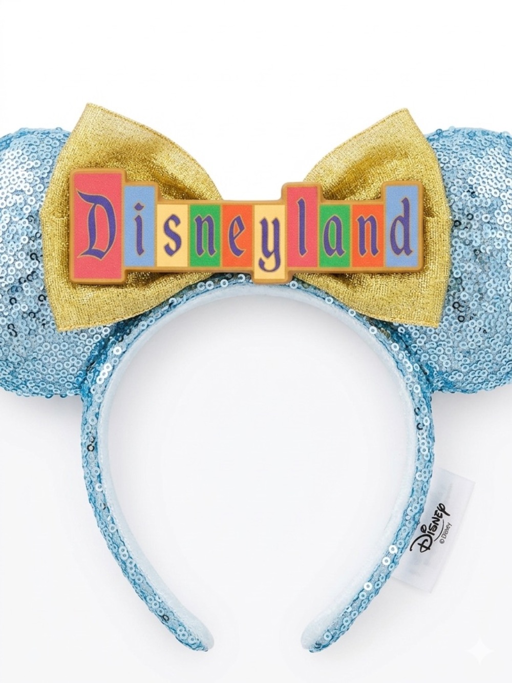 Disneyland Marquee Minnie Ears Blue Sequin Gold Bow Retro Headband